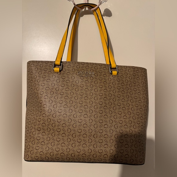 Guess Handbags - GUESS Brown Monogram Tote with Yellow Handles